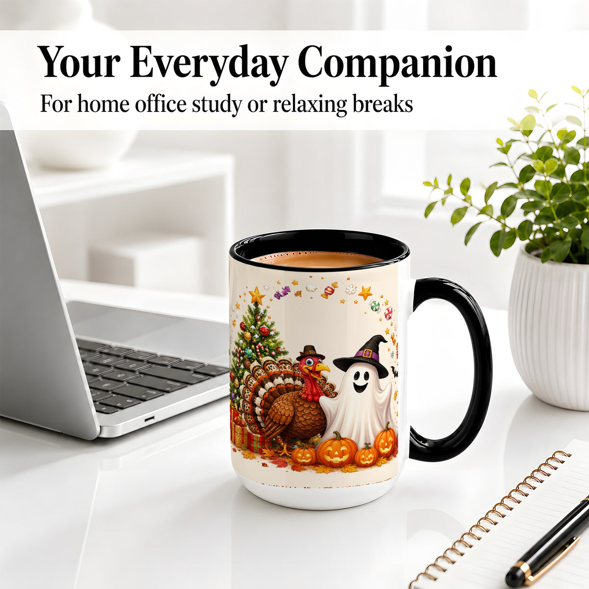 #pl[15oz|Black] Festive Ghost Turkey Ceramic Mug, Holiday Pumpkin Christmas Art