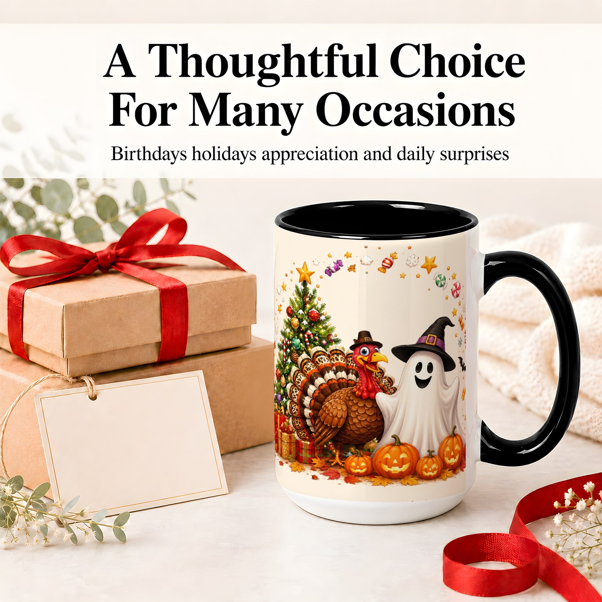 #pl[15oz|Black] Festive Ghost Turkey Ceramic Mug, Holiday Pumpkin Christmas Art