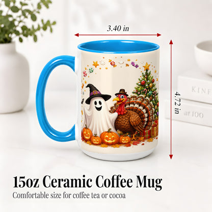 #pl[15oz|Blue] Festive Ghost Turkey Ceramic Mug, Holiday Pumpkin Christmas Art