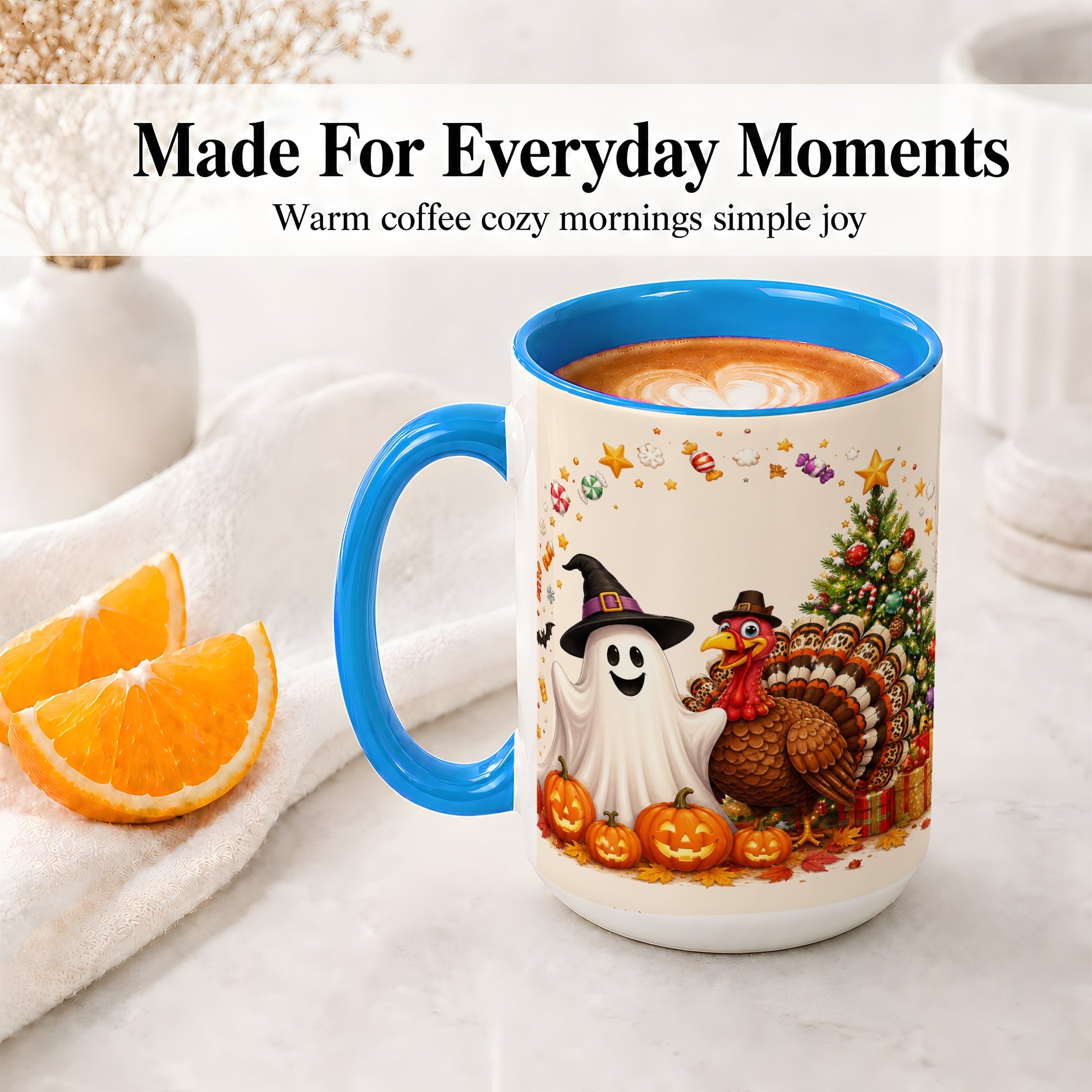 #pl[15oz|Blue] Festive Ghost Turkey Ceramic Mug, Holiday Pumpkin Christmas Art