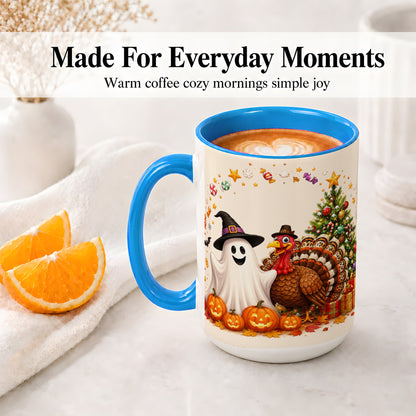 #pl[15oz|Blue] Festive Ghost Turkey Ceramic Mug, Holiday Pumpkin Christmas Art