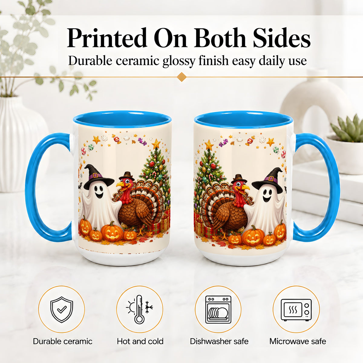 #pl[15oz|Blue] Festive Ghost Turkey Ceramic Mug, Holiday Pumpkin Christmas Art