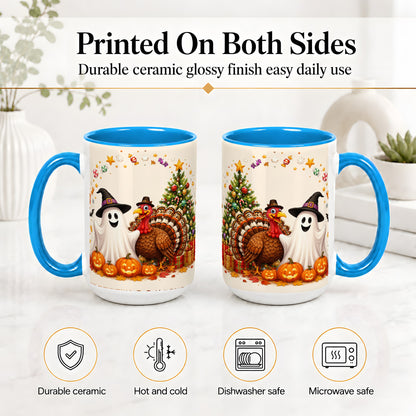 #pl[15oz|Blue] Festive Ghost Turkey Ceramic Mug, Holiday Pumpkin Christmas Art