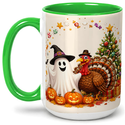 #pl[15oz|Green] Festive Ghost Turkey Ceramic Mug, Holiday Pumpkin Christmas Art