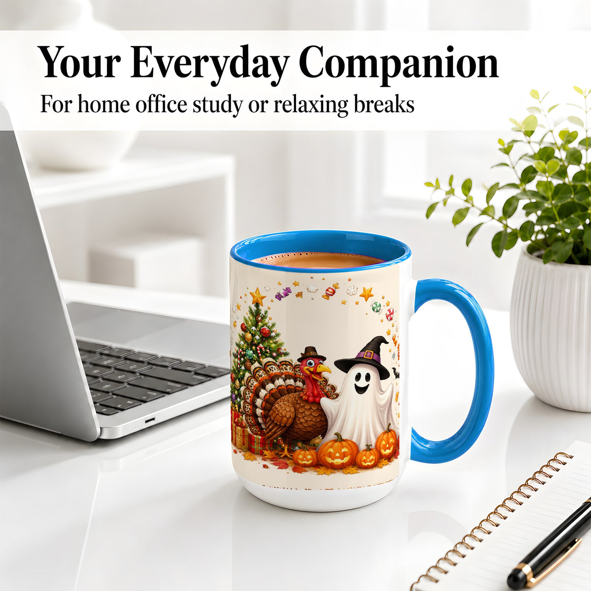 #pl[15oz|Blue] Festive Ghost Turkey Ceramic Mug, Holiday Pumpkin Christmas Art