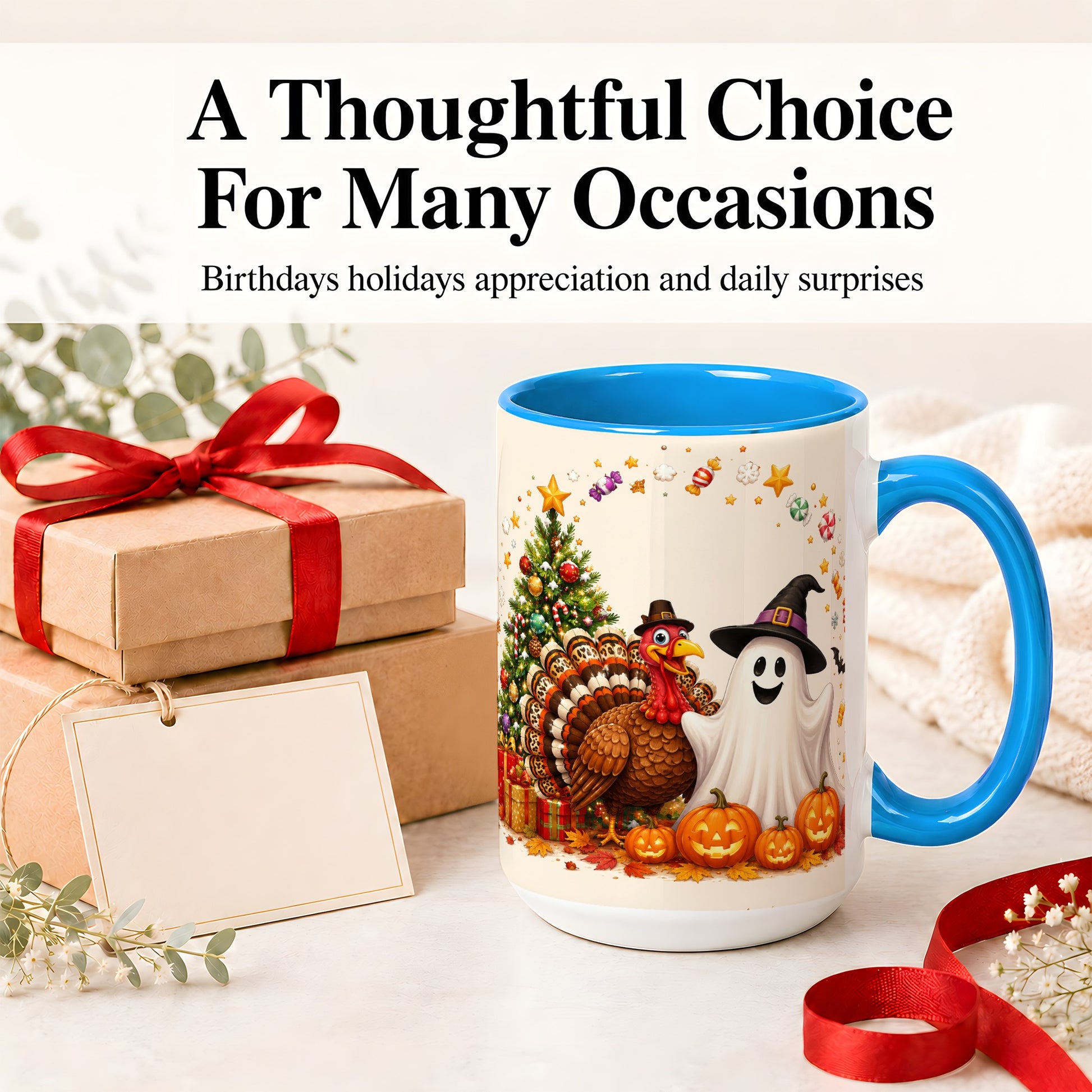 #pl[15oz|Blue] Festive Ghost Turkey Ceramic Mug, Holiday Pumpkin Christmas Art