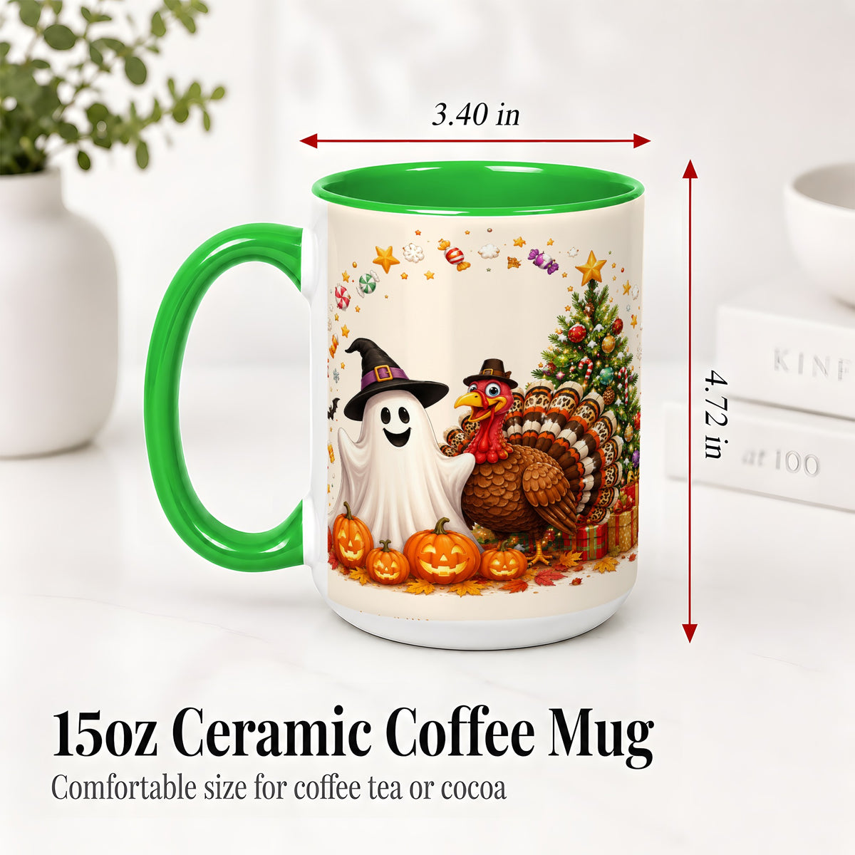#pl[15oz|Green] Festive Ghost Turkey Ceramic Mug, Holiday Pumpkin Christmas Art