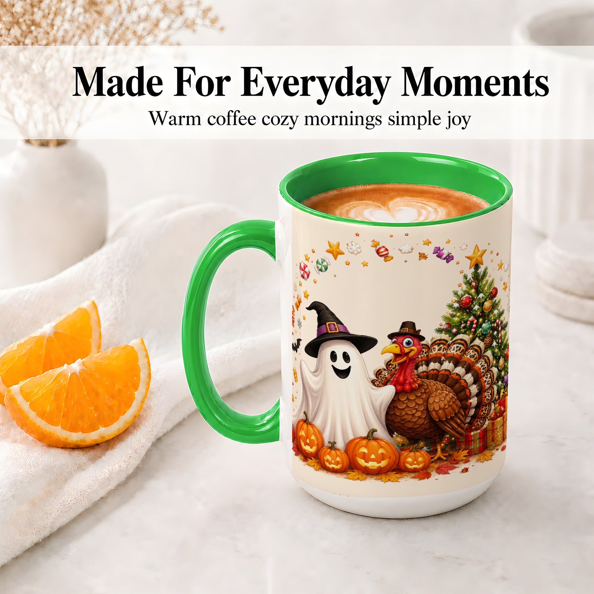 #pl[15oz|Green] Festive Ghost Turkey Ceramic Mug, Holiday Pumpkin Christmas Art