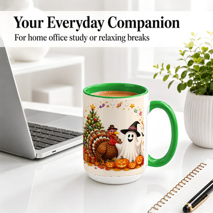 #pl[15oz|Green] Festive Ghost Turkey Ceramic Mug, Holiday Pumpkin Christmas Art