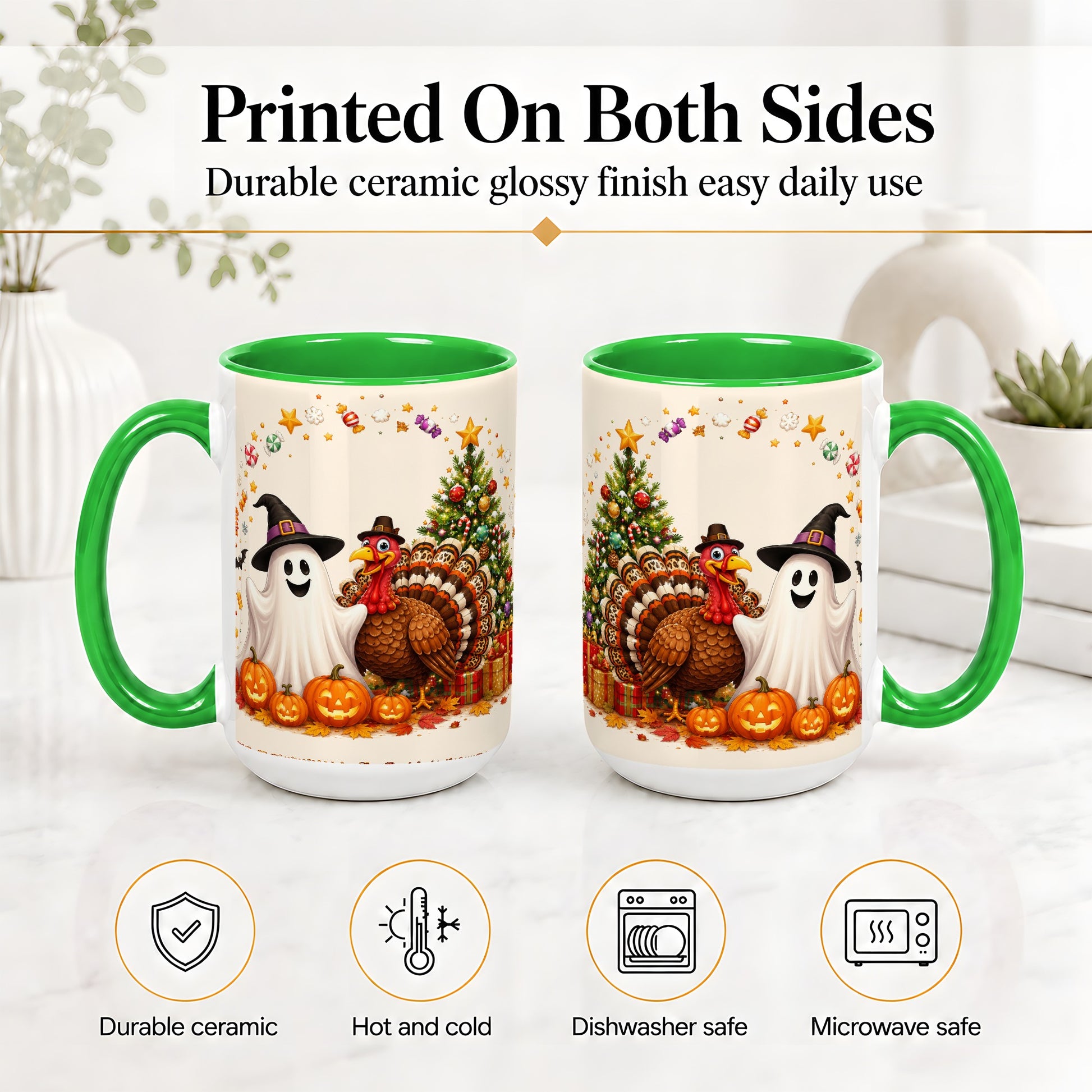 #pl[15oz|Green] Festive Ghost Turkey Ceramic Mug, Holiday Pumpkin Christmas Art