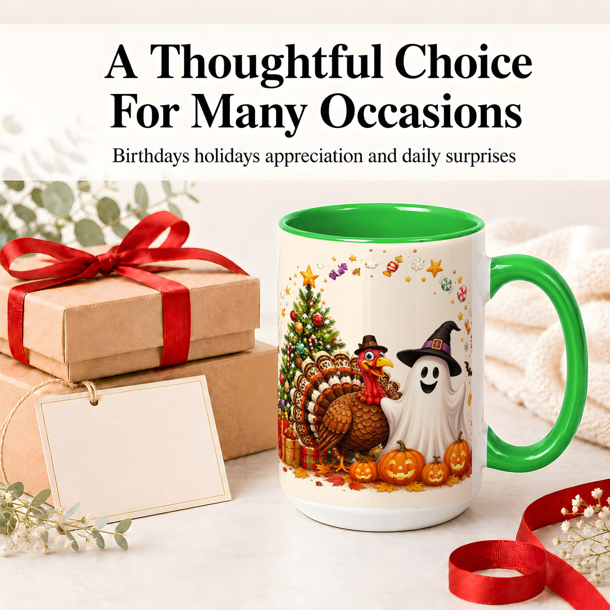 #pl[15oz|Green] Festive Ghost Turkey Ceramic Mug, Holiday Pumpkin Christmas Art