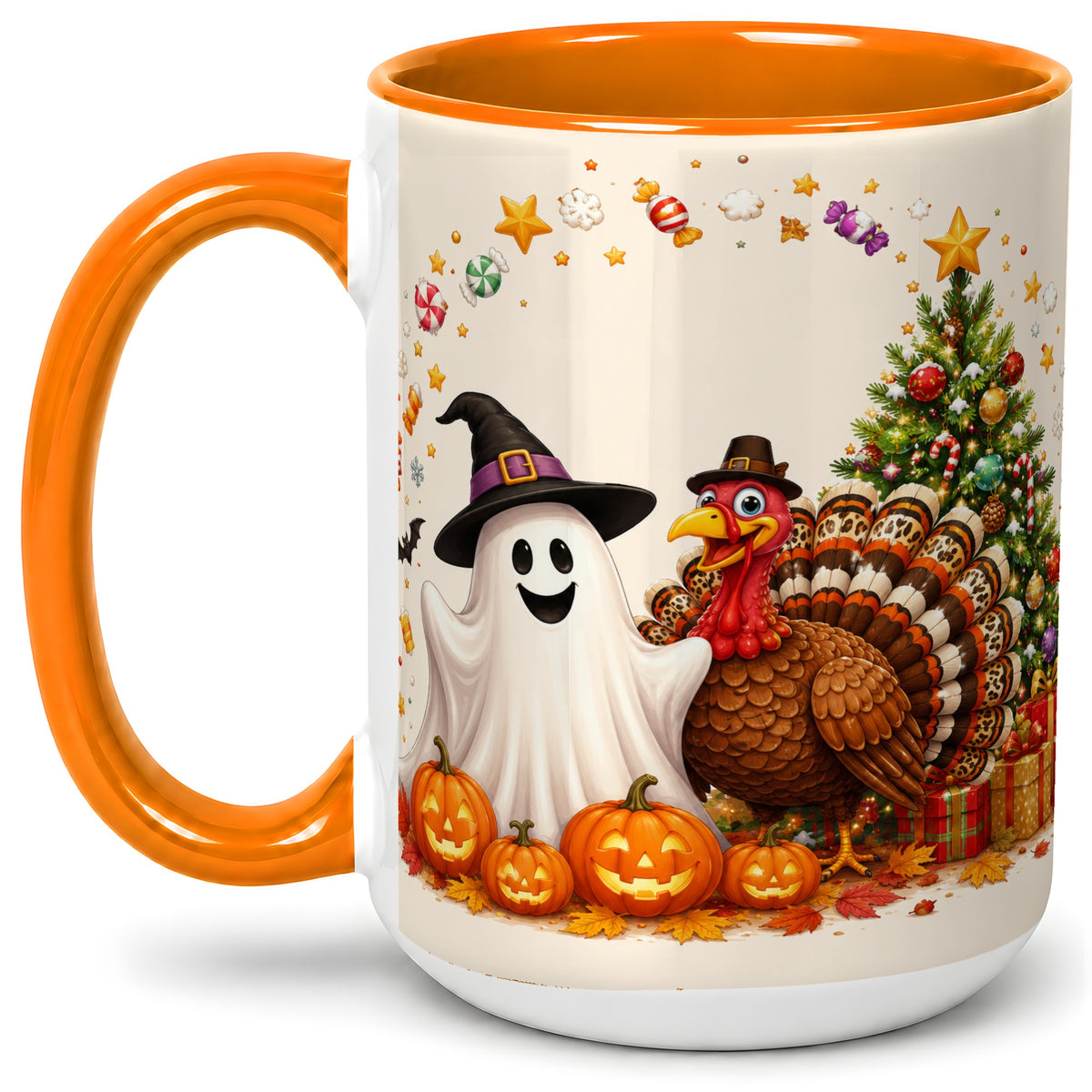 #pl[15oz|Orange] Festive Ghost Turkey Ceramic Mug, Holiday Pumpkin Christmas Art