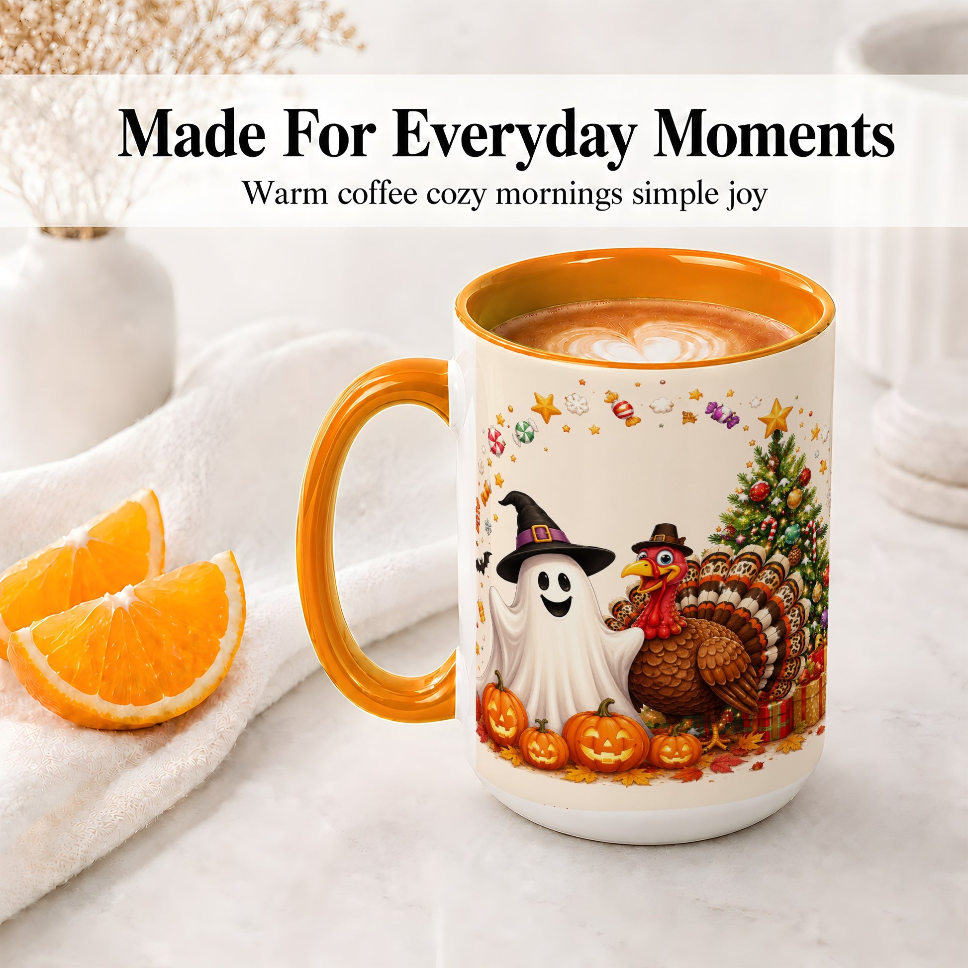 #pl[15oz|Orange] Festive Ghost Turkey Ceramic Mug, Holiday Pumpkin Christmas Art