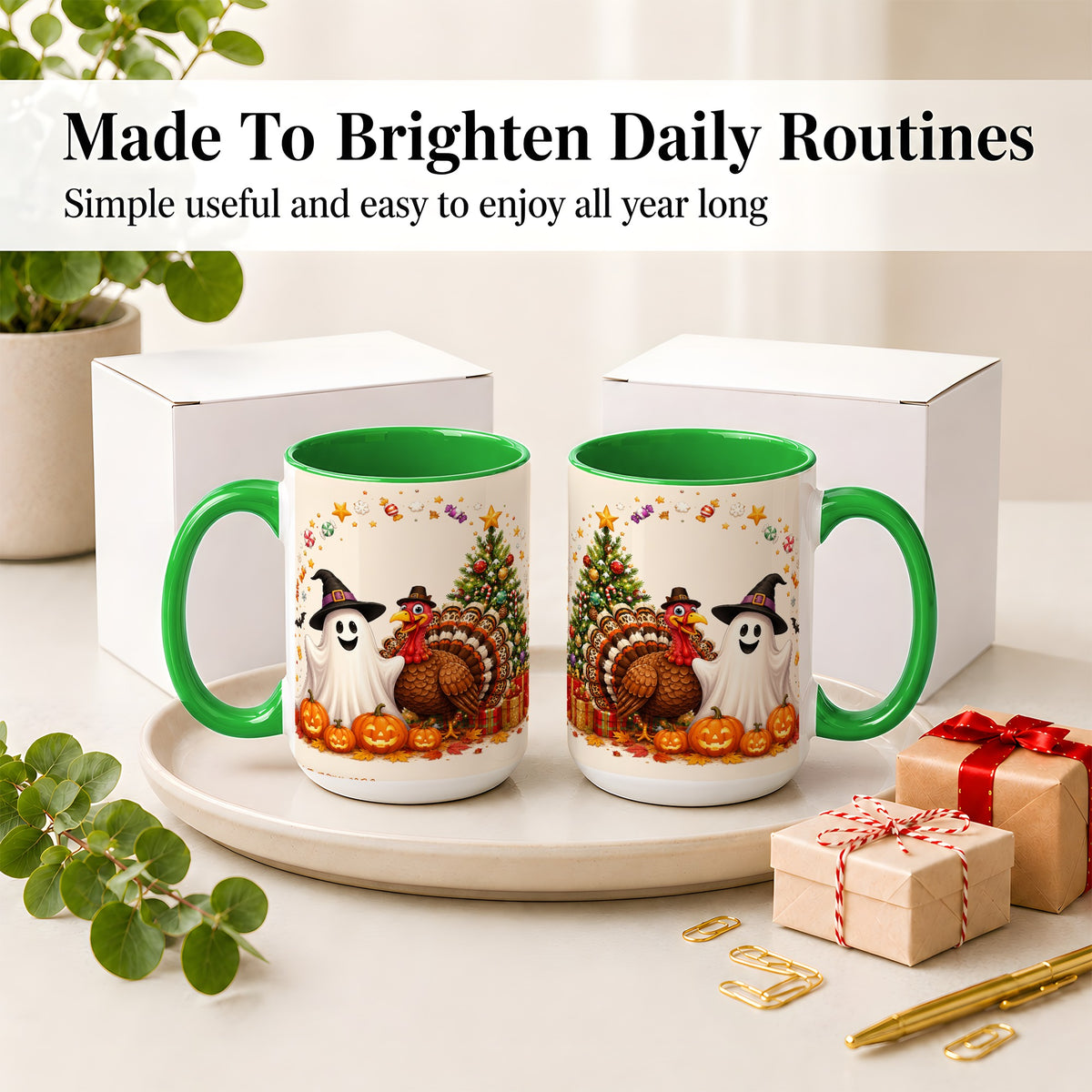 #pl[15oz|Green] Festive Ghost Turkey Ceramic Mug, Holiday Pumpkin Christmas Art