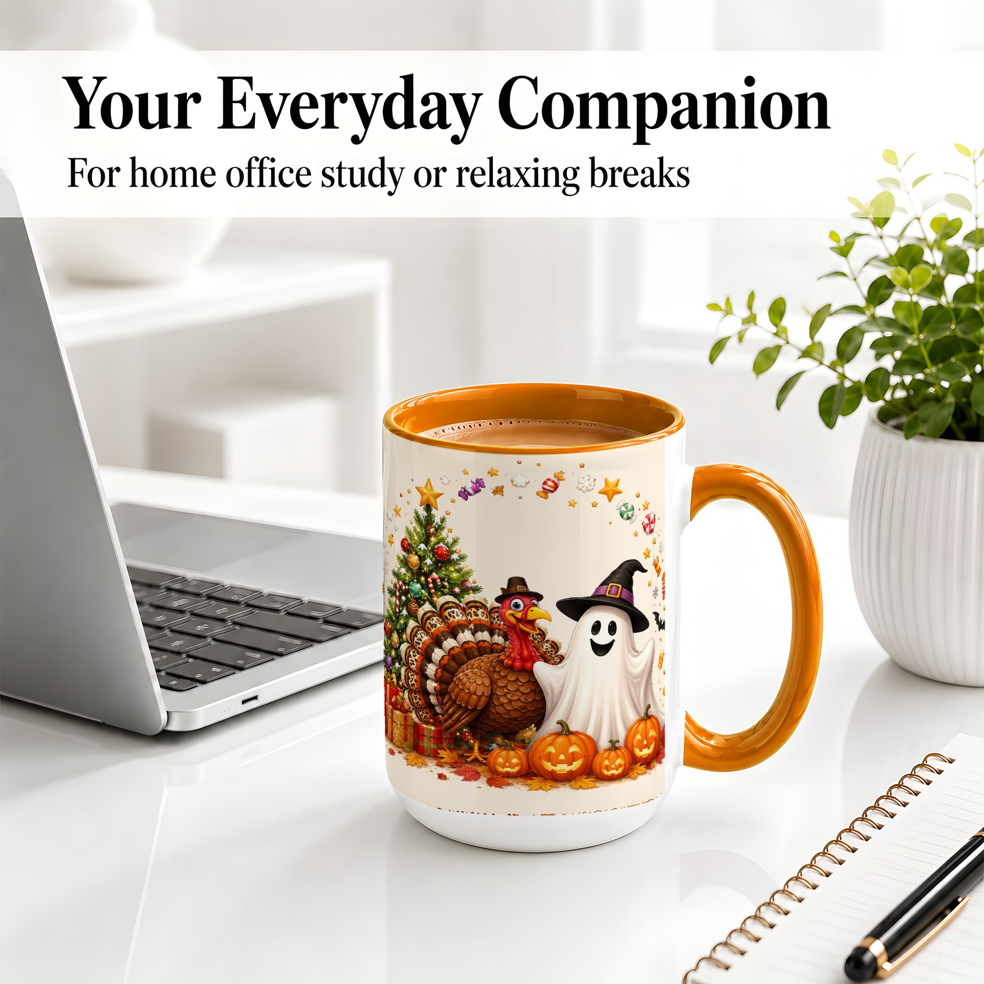 #pl[15oz|Orange] Festive Ghost Turkey Ceramic Mug, Holiday Pumpkin Christmas Art