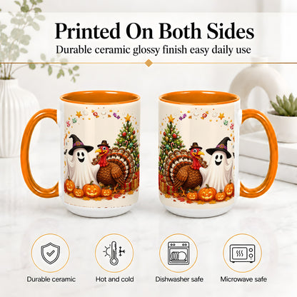 #pl[15oz|Orange] Festive Ghost Turkey Ceramic Mug, Holiday Pumpkin Christmas Art