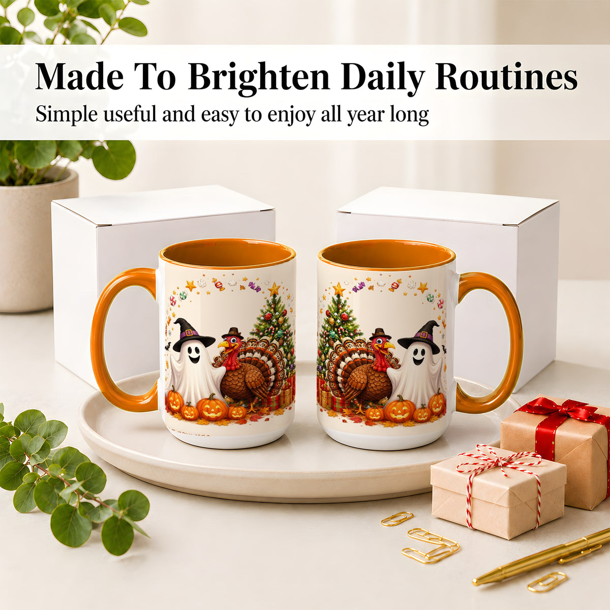 #pl[15oz|Orange] Festive Ghost Turkey Ceramic Mug, Holiday Pumpkin Christmas Art