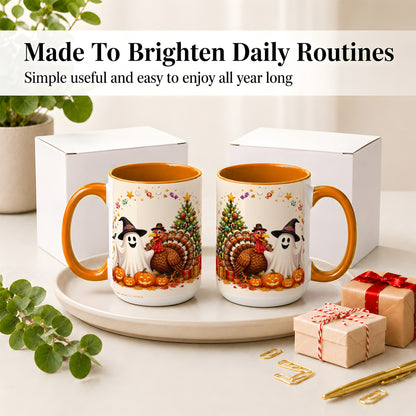 #pl[15oz|Orange] Festive Ghost Turkey Ceramic Mug, Holiday Pumpkin Christmas Art