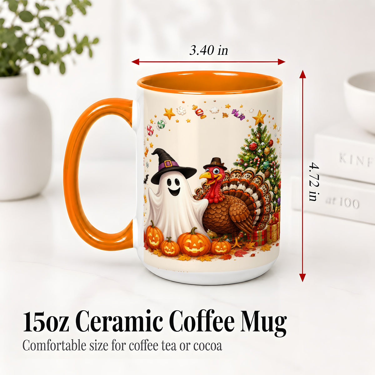 #pl[15oz|Orange] Festive Ghost Turkey Ceramic Mug, Holiday Pumpkin Christmas Art