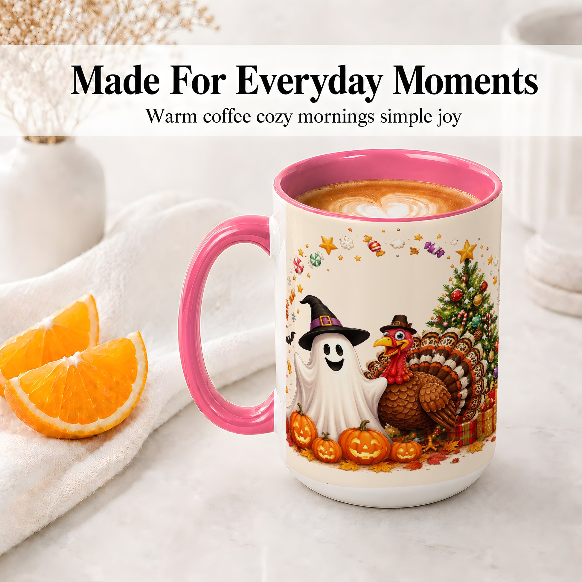 #pl[15oz|Pink] Festive Ghost Turkey Ceramic Mug, Holiday Pumpkin Christmas Art