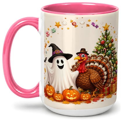 #pl[15oz|Pink] Festive Ghost Turkey Ceramic Mug, Holiday Pumpkin Christmas Art