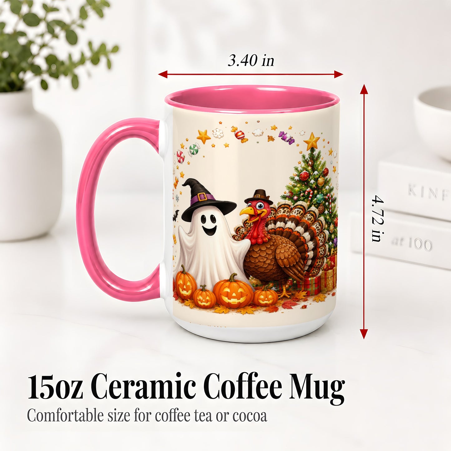 #pl[15oz|Pink] Festive Ghost Turkey Ceramic Mug, Holiday Pumpkin Christmas Art