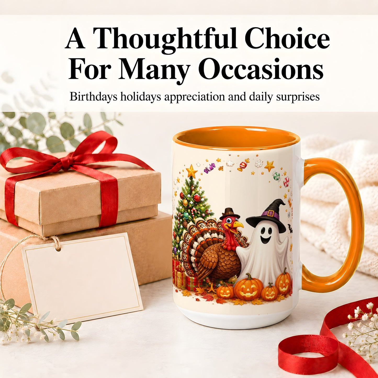#pl[15oz|Orange] Festive Ghost Turkey Ceramic Mug, Holiday Pumpkin Christmas Art
