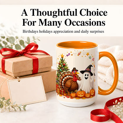 #pl[15oz|Orange] Festive Ghost Turkey Ceramic Mug, Holiday Pumpkin Christmas Art