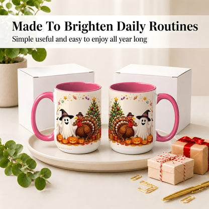 #pl[15oz|Pink] Festive Ghost Turkey Ceramic Mug, Holiday Pumpkin Christmas Art