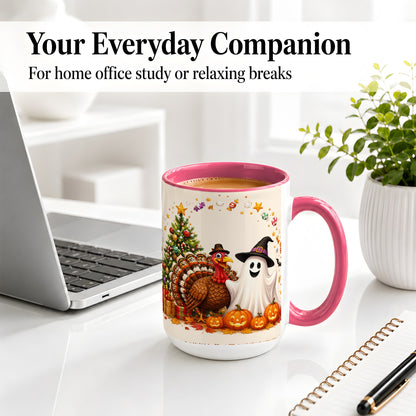 #pl[15oz|Pink] Festive Ghost Turkey Ceramic Mug, Holiday Pumpkin Christmas Art