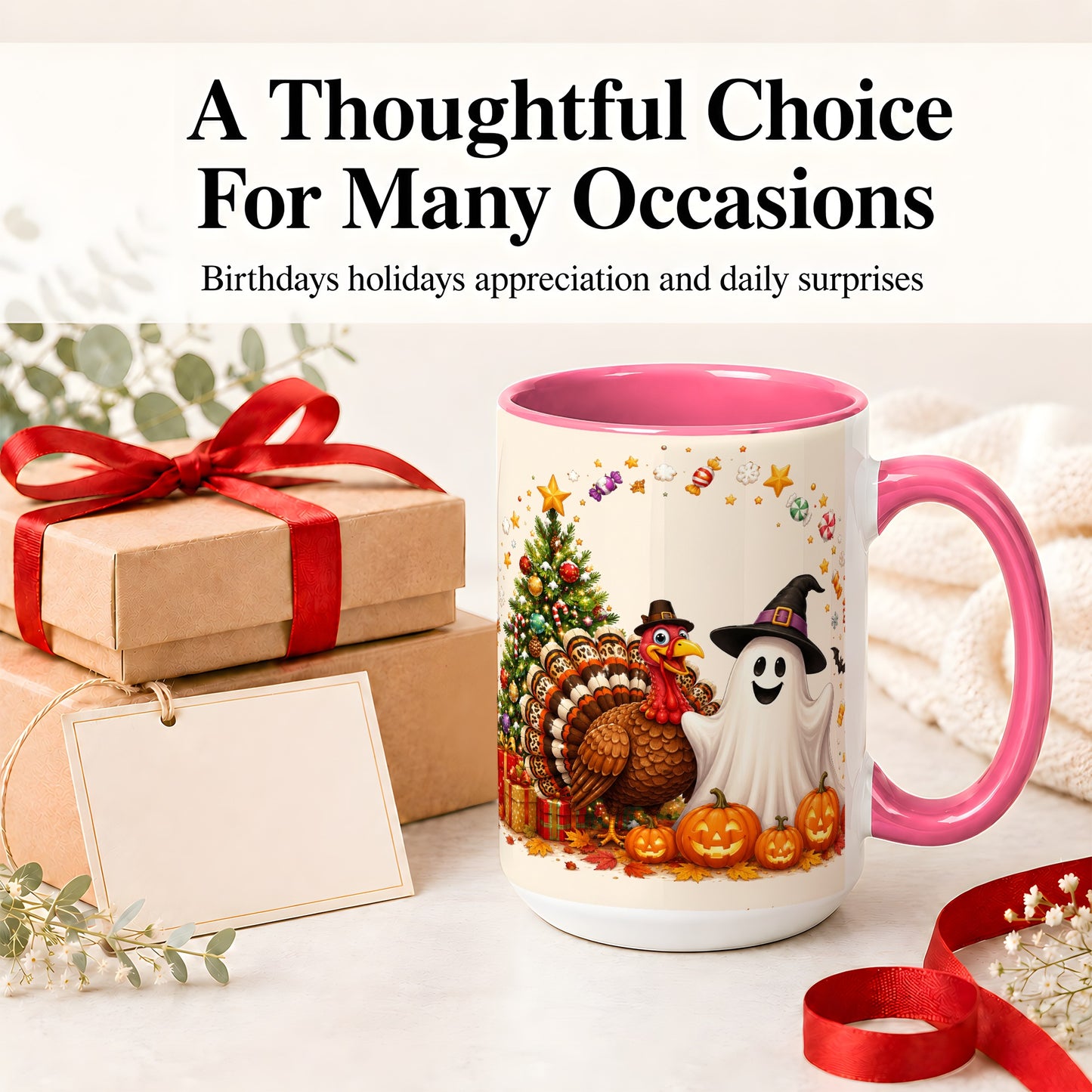 #pl[15oz|Pink] Festive Ghost Turkey Ceramic Mug, Holiday Pumpkin Christmas Art