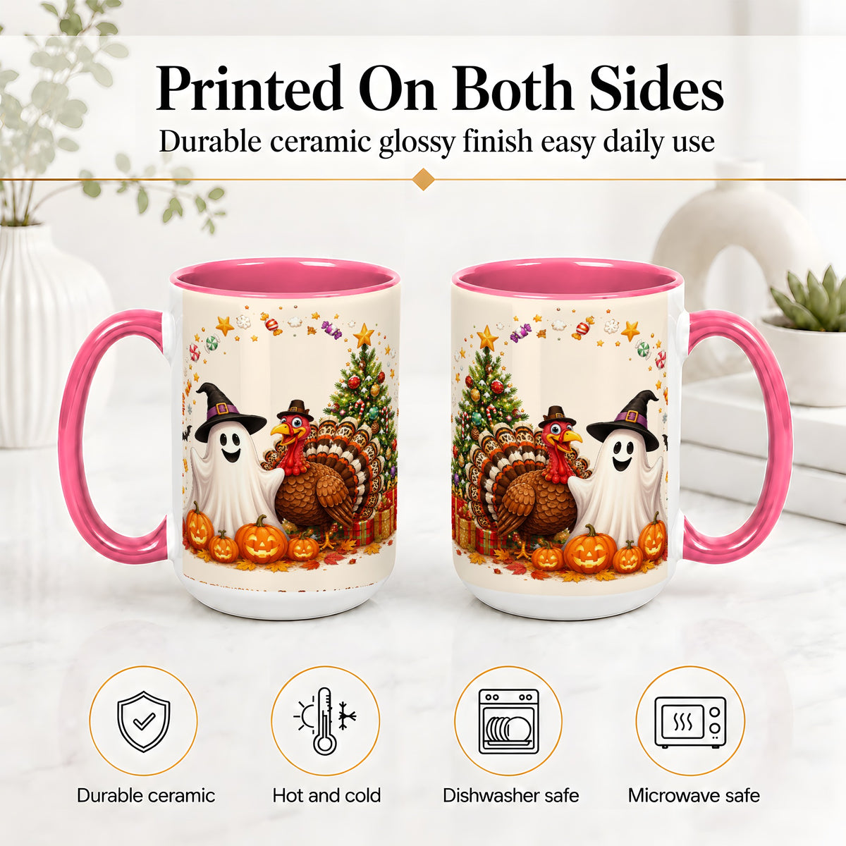 #pl[15oz|Pink] Festive Ghost Turkey Ceramic Mug, Holiday Pumpkin Christmas Art