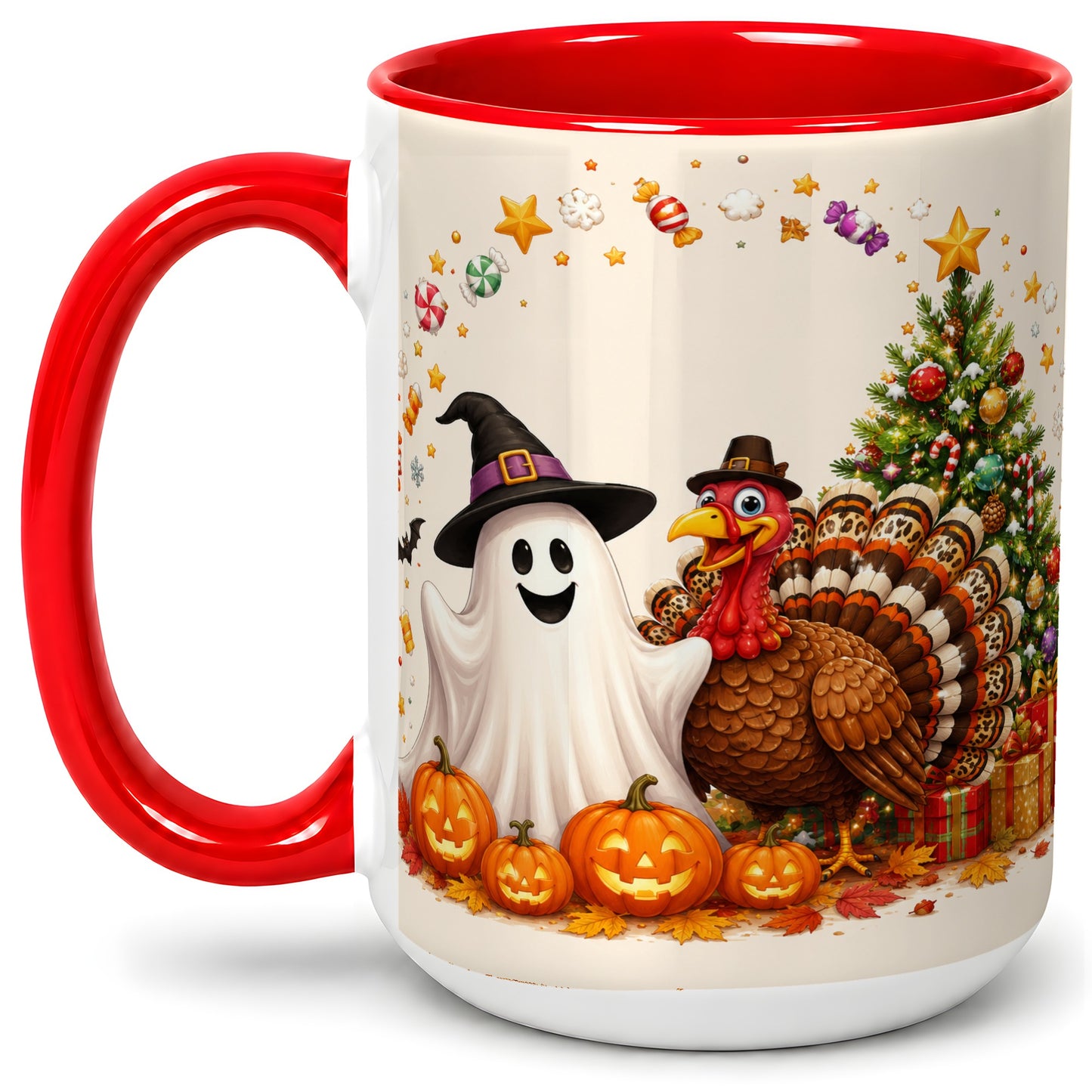 #pl[15oz|Red] Festive Ghost Turkey Ceramic Mug, Holiday Pumpkin Christmas Art