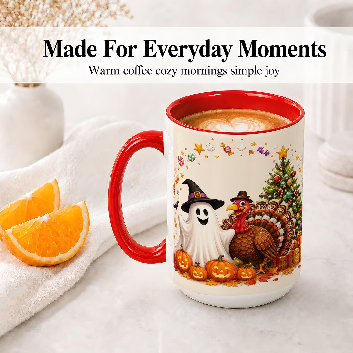 #pl[15oz|Red] Festive Ghost Turkey Ceramic Mug, Holiday Pumpkin Christmas Art