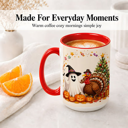 #pl[15oz|Red] Festive Ghost Turkey Ceramic Mug, Holiday Pumpkin Christmas Art