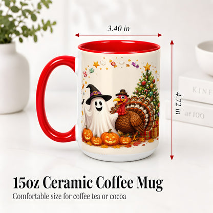 #pl[15oz|Red] Festive Ghost Turkey Ceramic Mug, Holiday Pumpkin Christmas Art