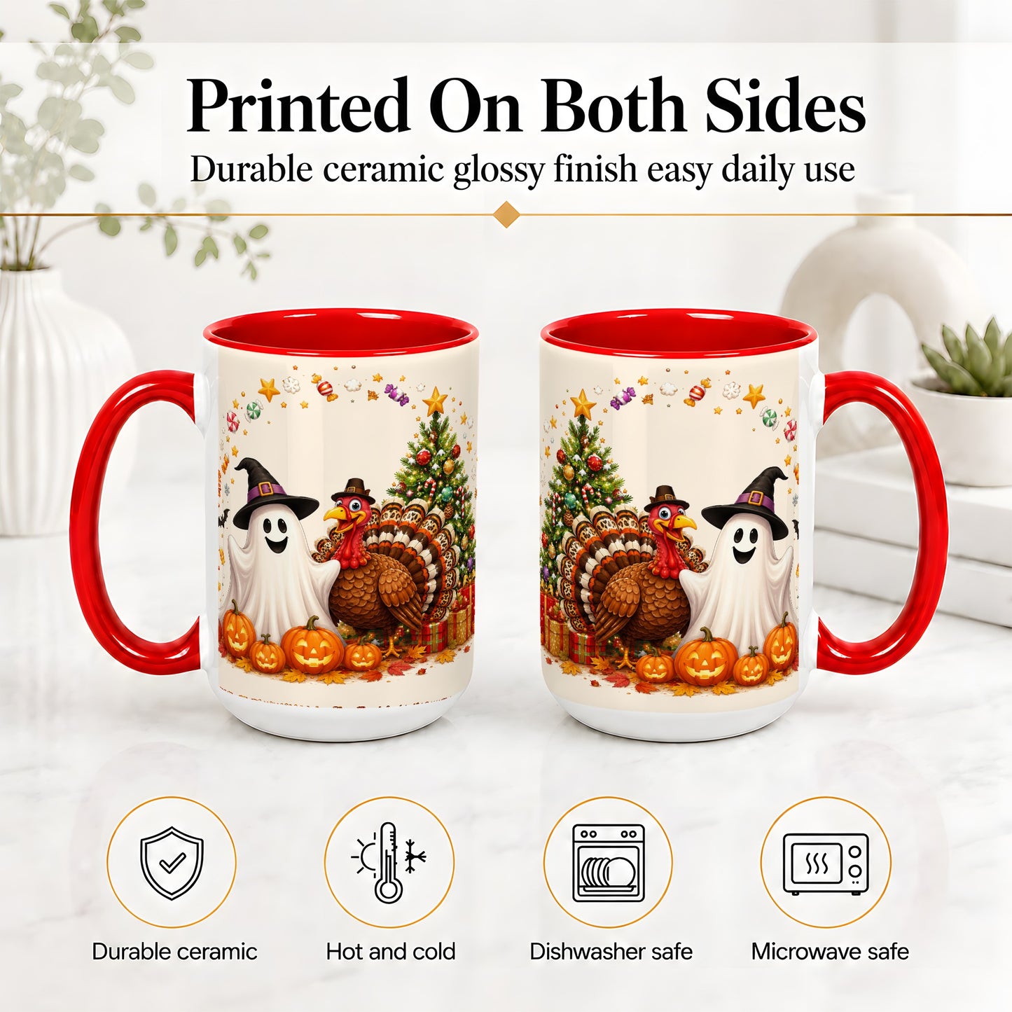 #pl[15oz|Red] Festive Ghost Turkey Ceramic Mug, Holiday Pumpkin Christmas Art