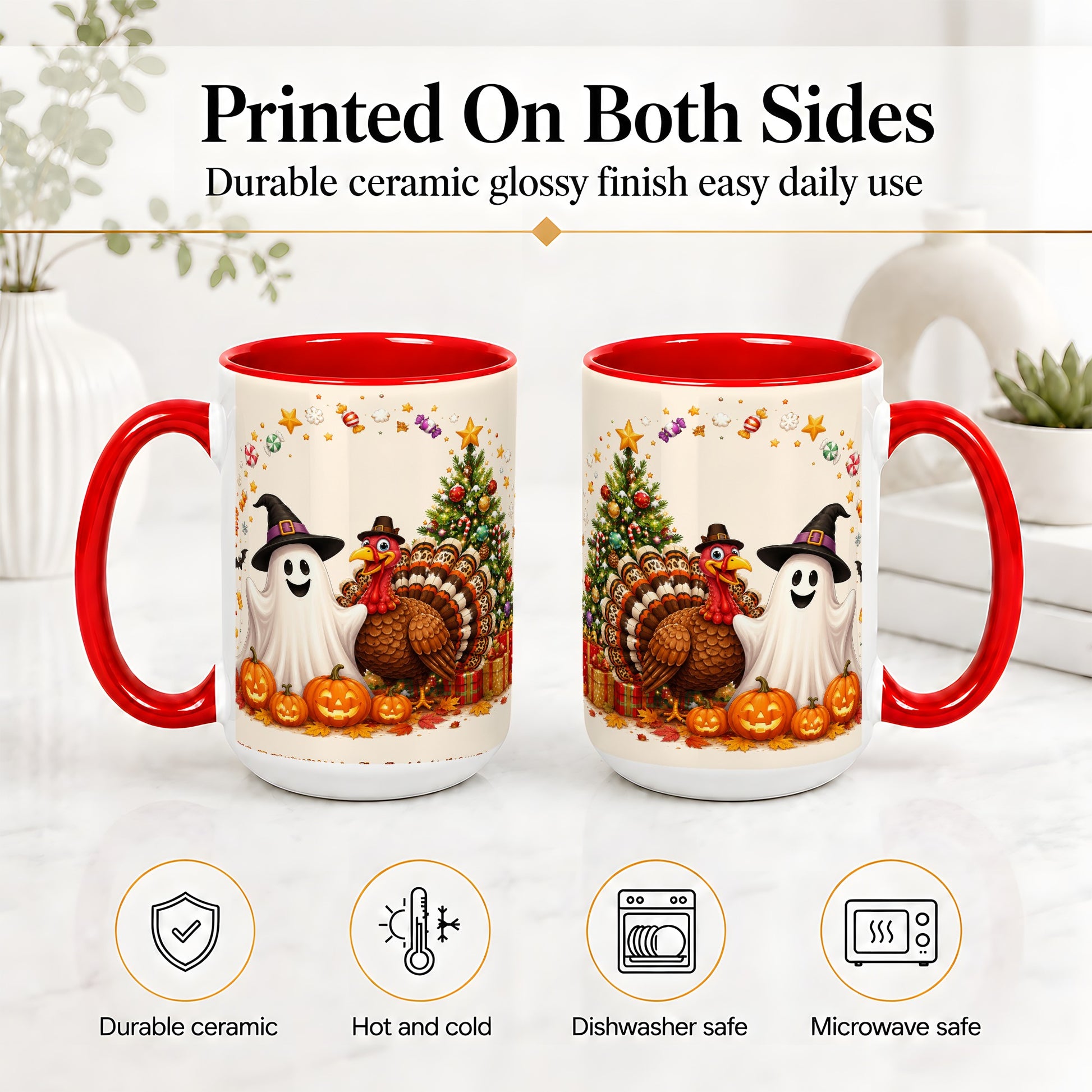 #pl[15oz|Red] Festive Ghost Turkey Ceramic Mug, Holiday Pumpkin Christmas Art