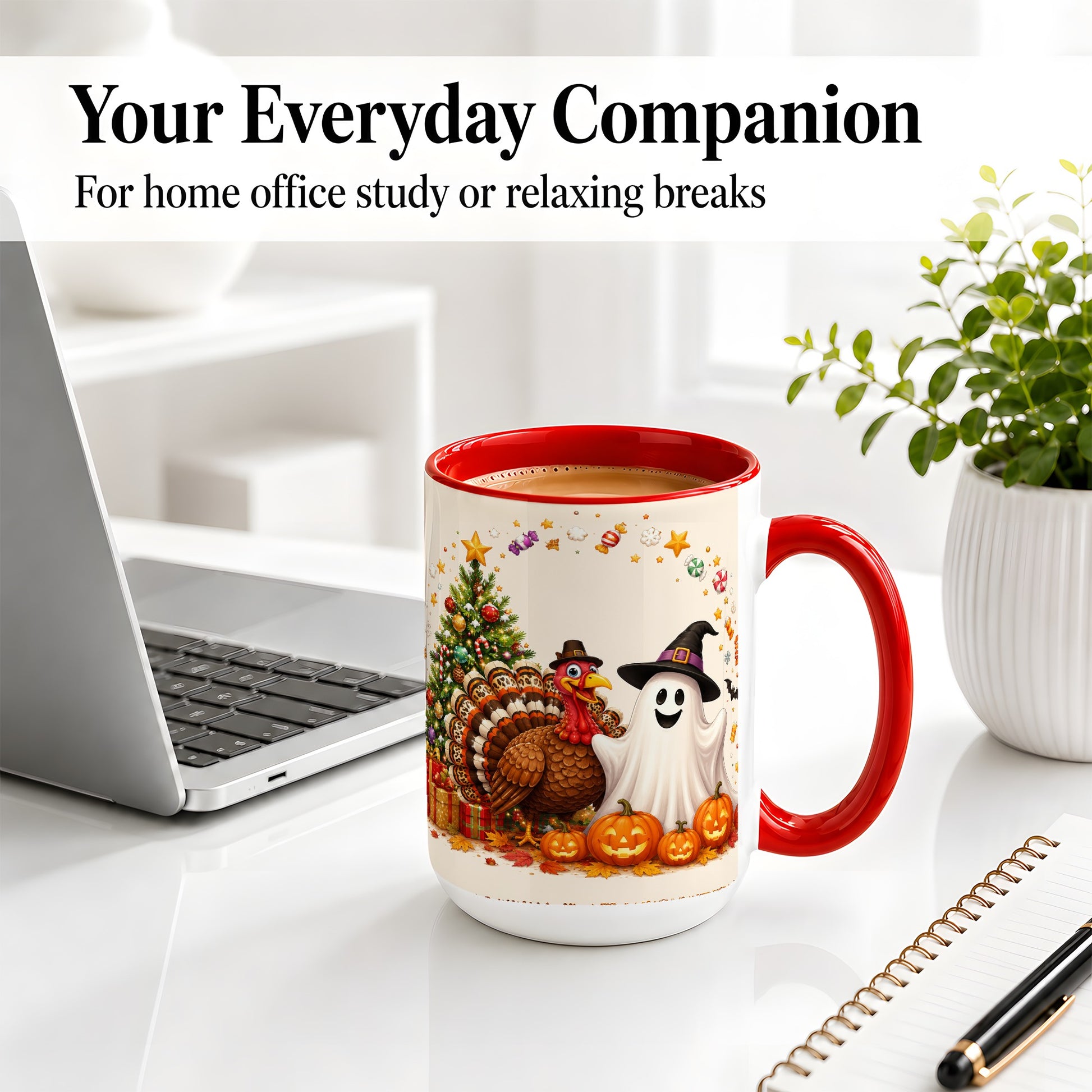 #pl[15oz|Red] Festive Ghost Turkey Ceramic Mug, Holiday Pumpkin Christmas Art