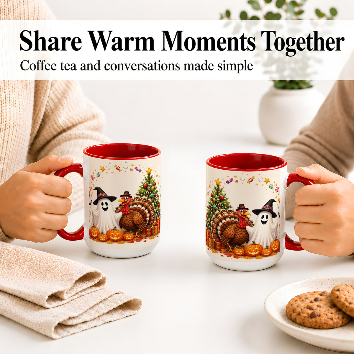 #pl[15oz|Red] Festive Ghost Turkey Ceramic Mug, Holiday Pumpkin Christmas Art