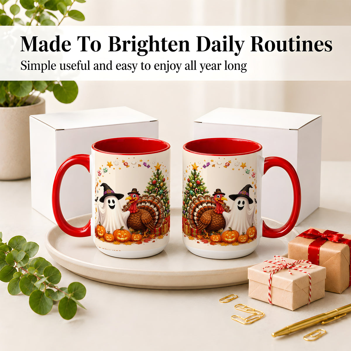 #pl[15oz|Red] Festive Ghost Turkey Ceramic Mug, Holiday Pumpkin Christmas Art