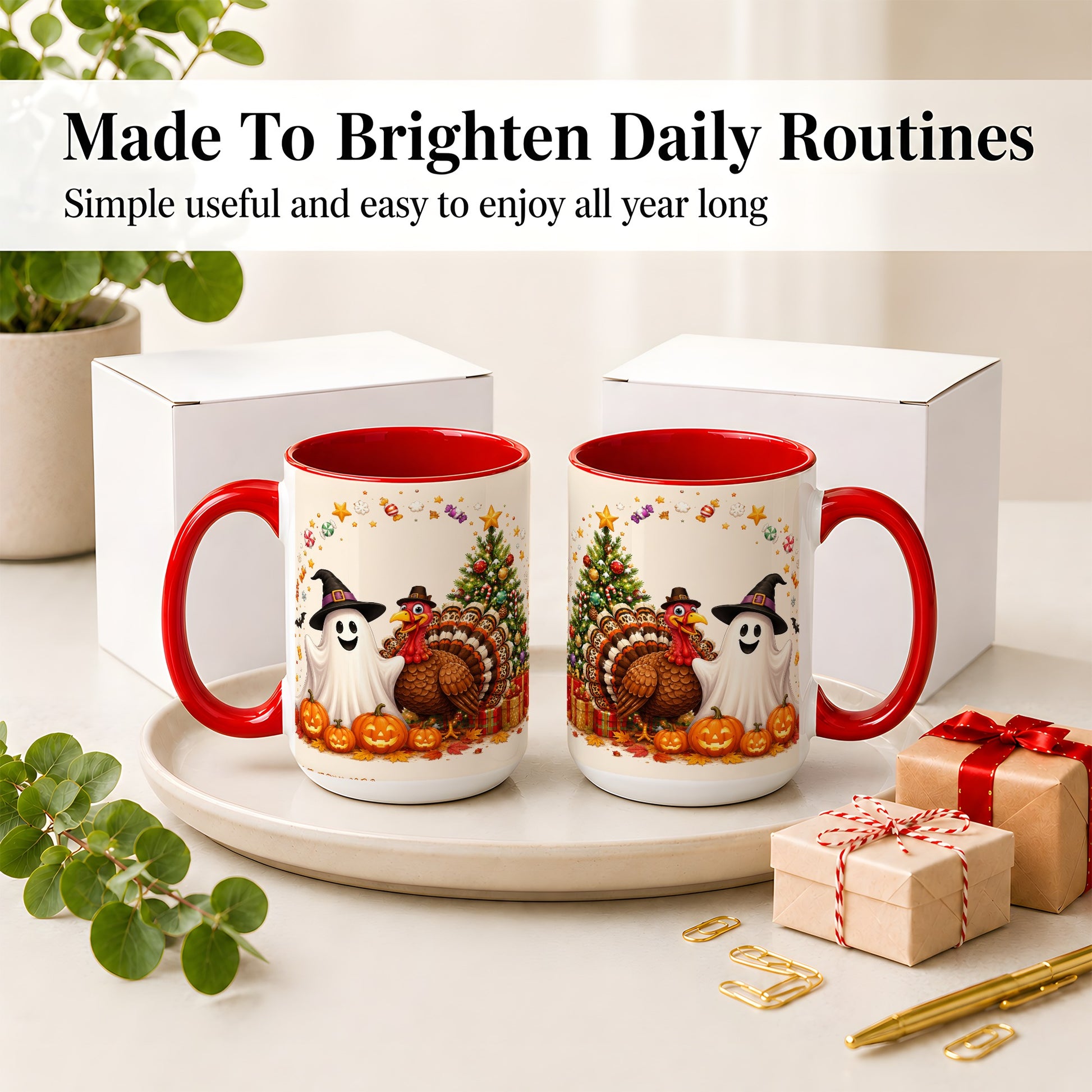 #pl[15oz|Red] Festive Ghost Turkey Ceramic Mug, Holiday Pumpkin Christmas Art
