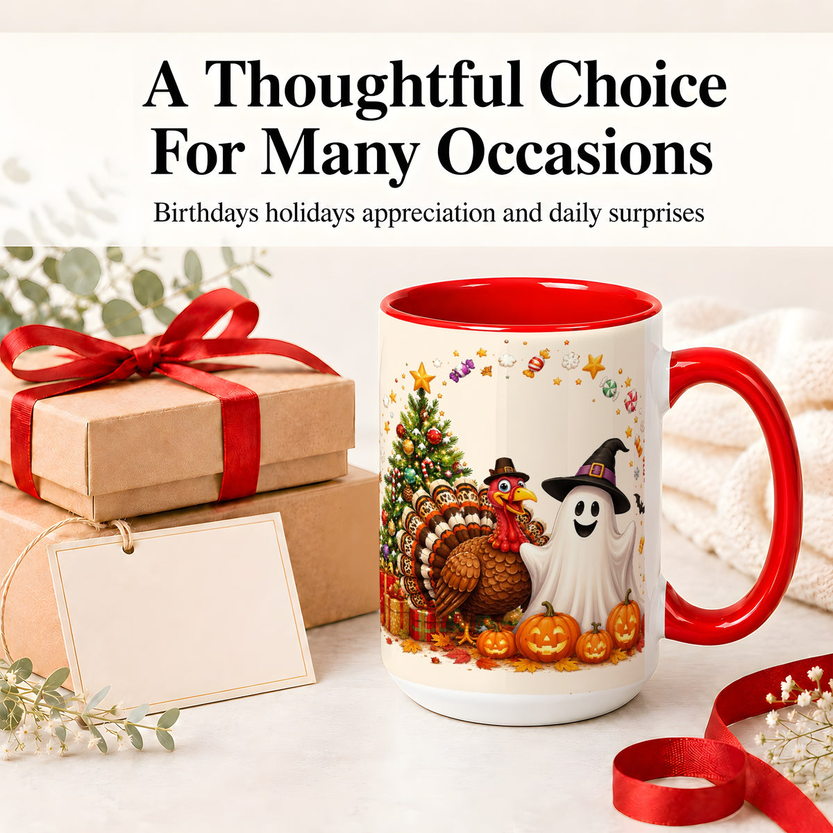 #pl[15oz|Red] Festive Ghost Turkey Ceramic Mug, Holiday Pumpkin Christmas Art
