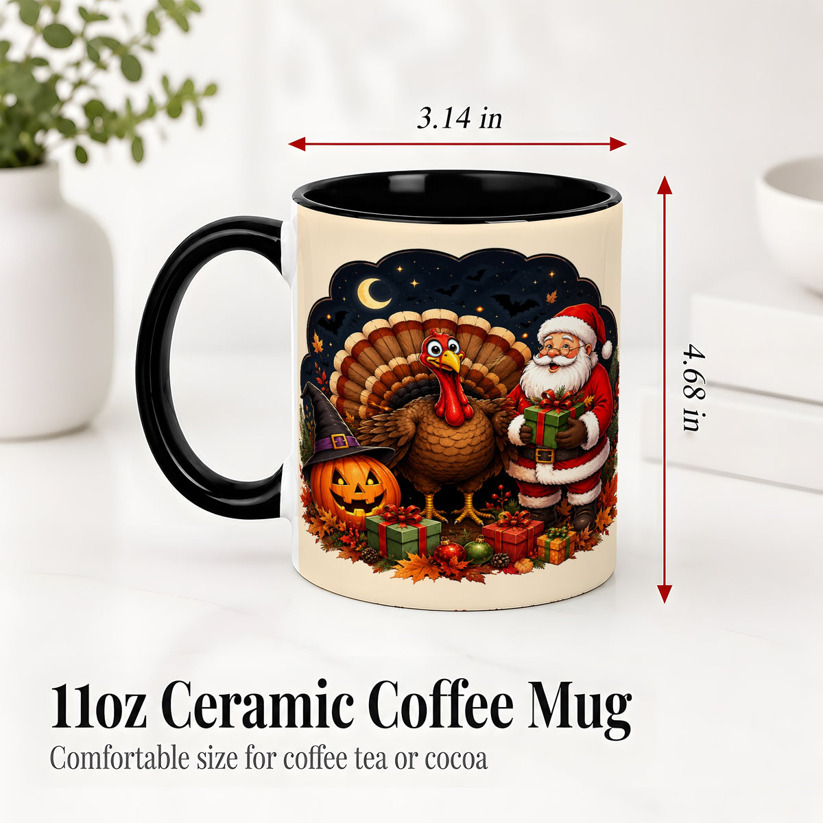 #pl[11oz|Black] Turkey Santa Halloween Ceramic Mug, Night Holiday Seasonal Art