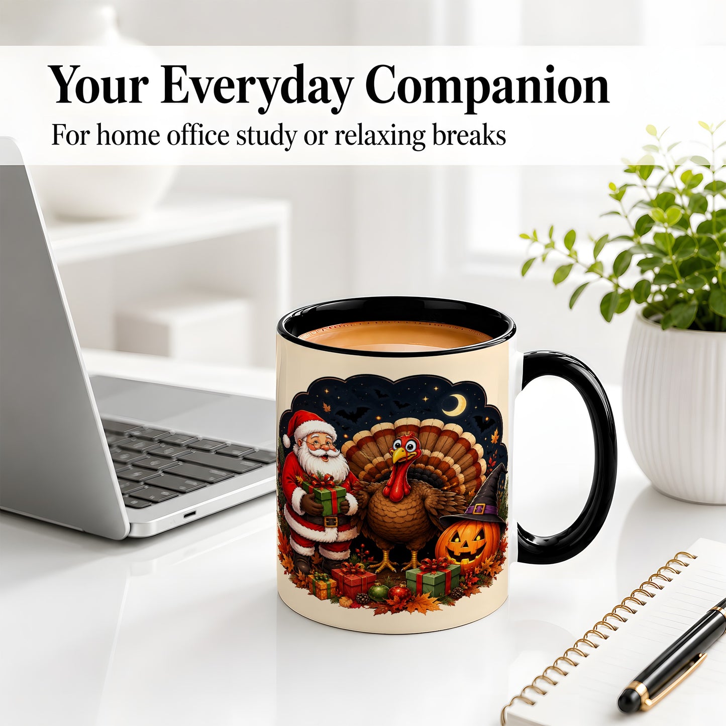 #pl[11oz|Black] Turkey Santa Halloween Ceramic Mug, Night Holiday Seasonal Art
