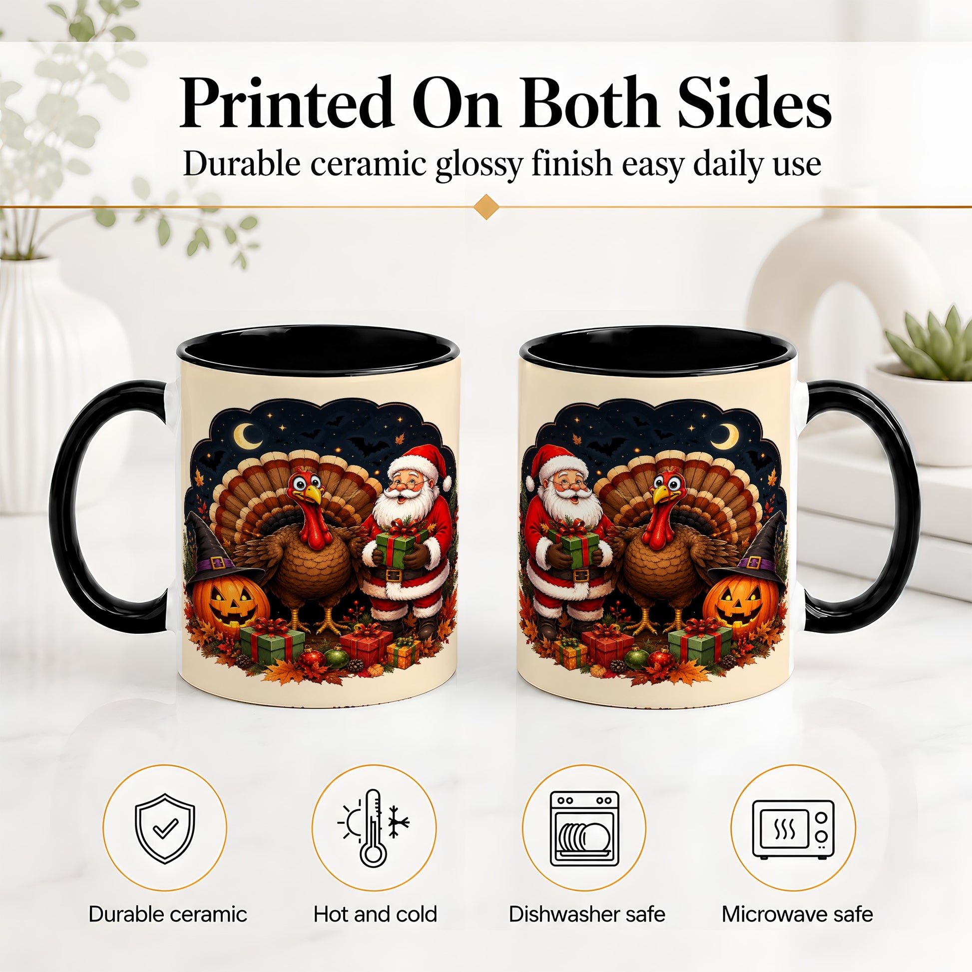 #pl[11oz|Black] Turkey Santa Halloween Ceramic Mug, Night Holiday Seasonal Art