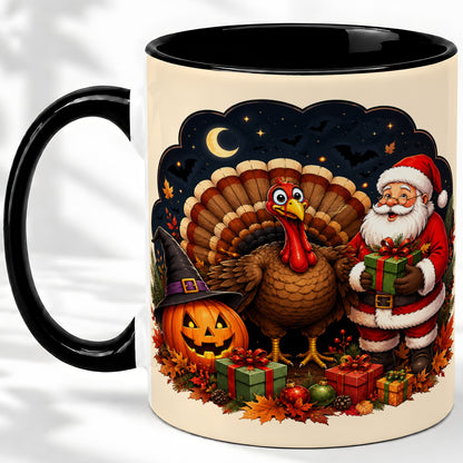 #pl[11oz|Black] Turkey Santa Halloween Ceramic Mug, Night Holiday Seasonal Art