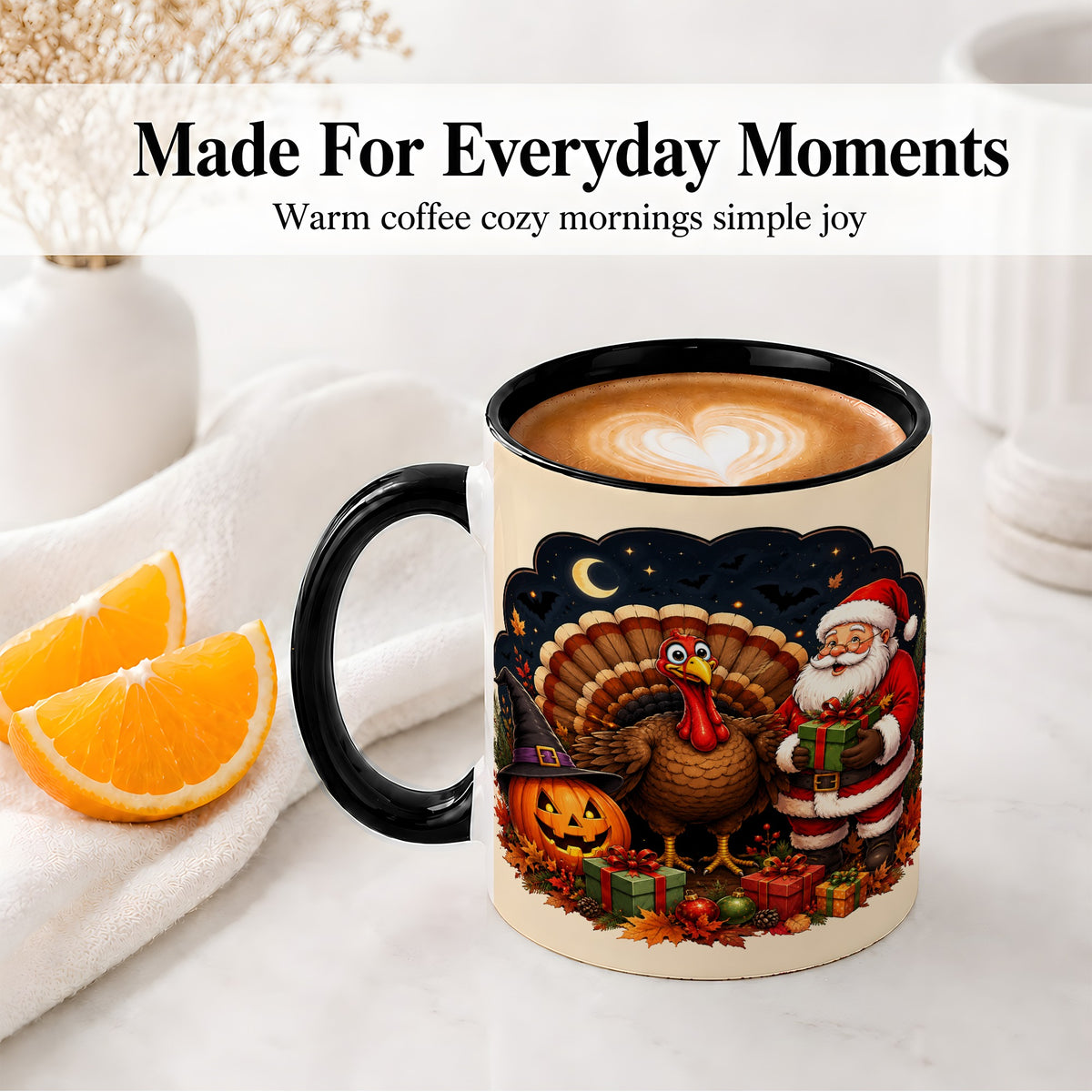 #pl[11oz|Black] Turkey Santa Halloween Ceramic Mug, Night Holiday Seasonal Art