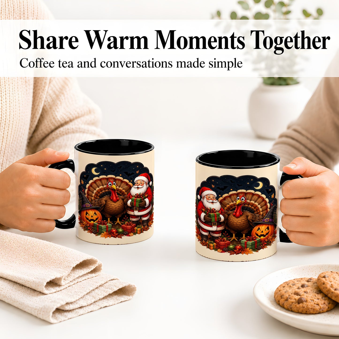 #pl[11oz|Black] Turkey Santa Halloween Ceramic Mug, Night Holiday Seasonal Art