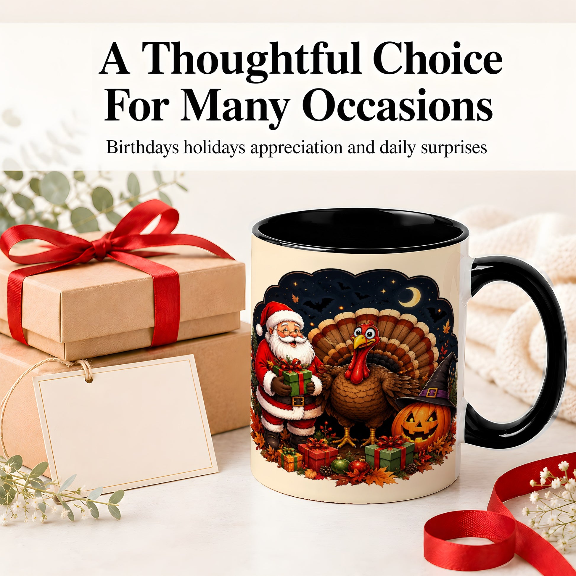 #pl[11oz|Black] Turkey Santa Halloween Ceramic Mug, Night Holiday Seasonal Art
